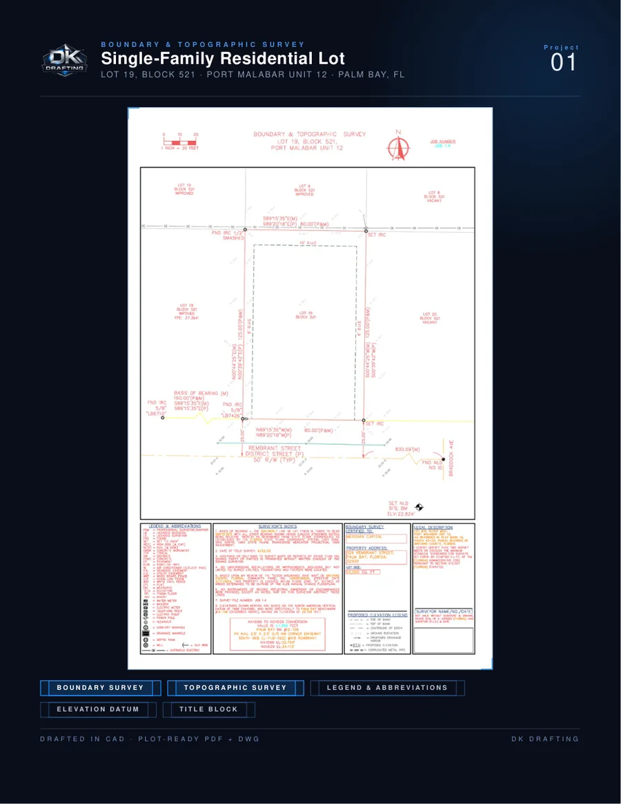 Boundary and topographic survey of a single-family residential lot in Palm Bay, FL